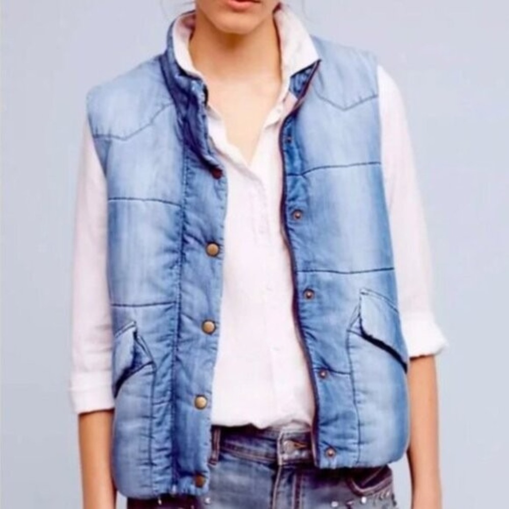Cloth & Stone Women Puffer Vest Sz XS Quilted Denim Snap Front Blue Boho